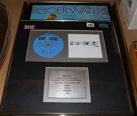 Status Quo gold presentation disc, Spice Girls disc, Roger Waters poster (all framed), 4 1960s tour programmes (Beatles, Orbison etc)